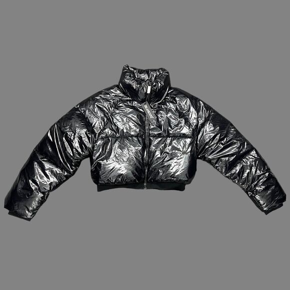 Blank NYC Jacket Women’s L Black Crop Puffer in Cold Lover Shine Nylon High Neck - Picture 2 of 15